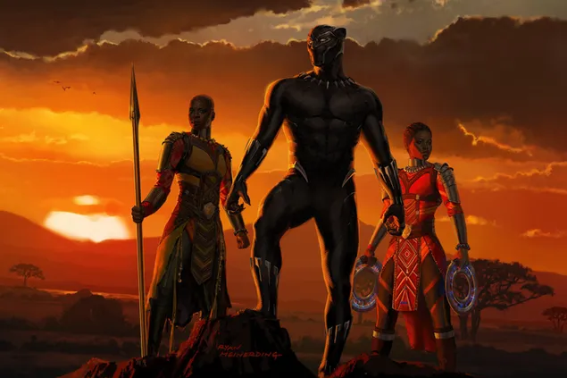 Black Panther met Nakia en Okoye en een prachtige gouden set erachter