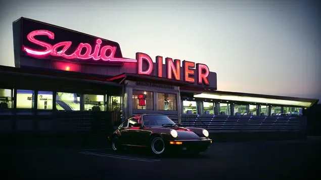 Black Porsche park in a retro Diner 
