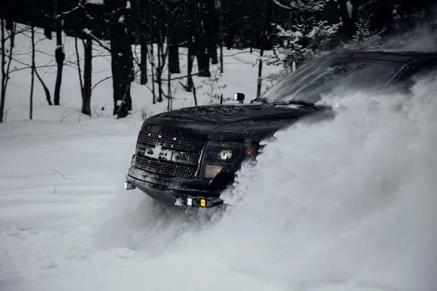 Zwart voertuig dat op sneeuwgrond overgaat