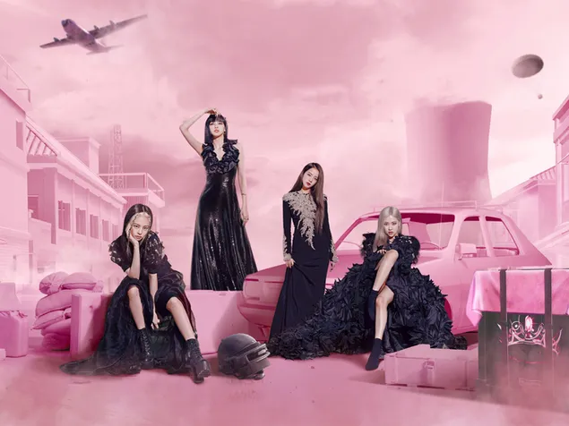 El grupo de chicas Blackpink jisoo, jennie, lisa y rose con vestidos negros sobre fondo rosa 2K fondo de pantalla