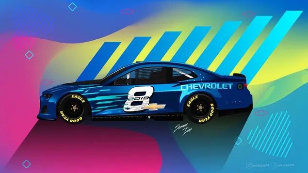 Blauwe Chevrolet Super Car met kleurrijke abstracte achtergrond