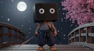 데스크탑 배경화면으로 달빛 아래 벚꽃 다리 위에 있는 Blockhead Samurai 4K 배경화면