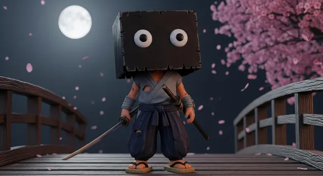 Blockhead szamuráj a holdfényes sakura hídon az asztali háttérképhez 4K háttérkép