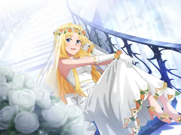 Blonde anime girl in wedding dress with flower crown and pink shoes sitting on stairs near white roses 2K wallpaper