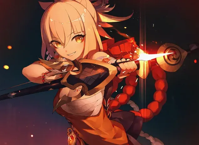 Szőke anime lány tüzes nyilat lő a Genshin Impact videojátékból 2K háttérkép