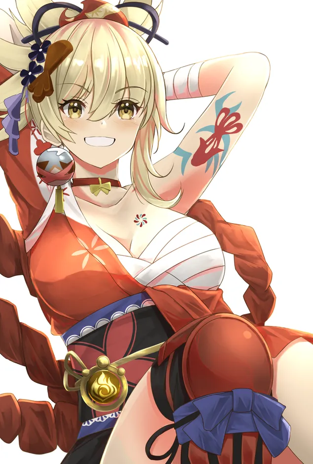 อะนิเมะสาวผมบลอนด์ Yoimiya ดวงตาสีทองสวย | เก็นชิน อิมแพ็ค 2K วอลเปเปอร์