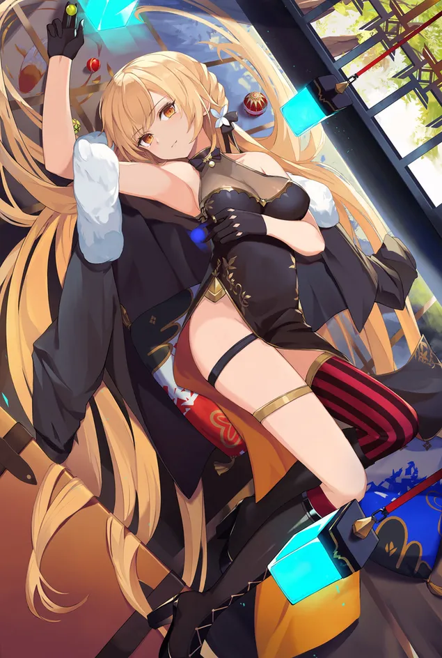 Chica anime hermosa rubia en mini vestido hermoso 2K fondo de pantalla