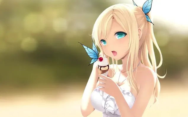 Blondes blauäugiges anime schönes Mädchen, das im weißen Kleid und in den Schmetterlingen aufwirft