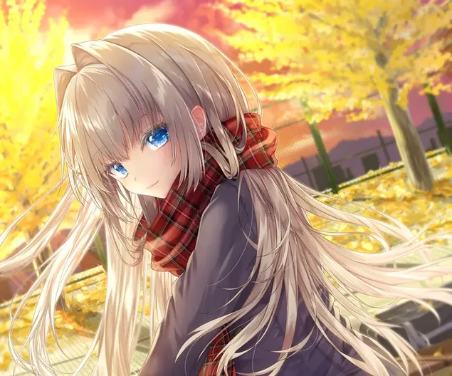 Blonde blue-eyed anime girl among autumn leaves download