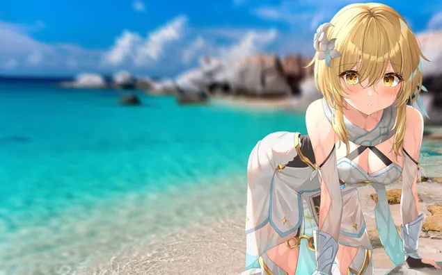 Lumine สาวผมบลอนด์ที่ชายหาด | เก็นชิน อิมแพ็ค 2K วอลเปเปอร์