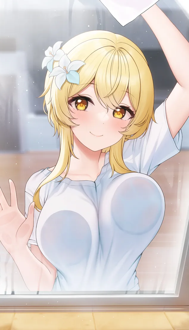 Blonde girl Lumine sticking with mirror | Genshin Impact 2K wallpaper