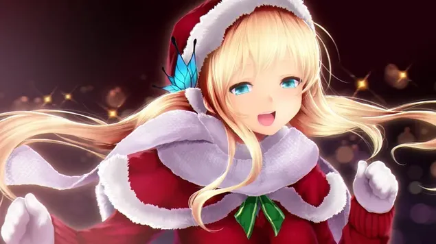cailin anime blonde glas-eyed ag ceiliuradh na bliana nua i guna santa ioslodail