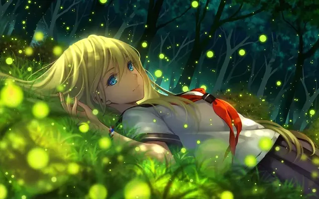 blond haar blauwe ogen anime karakter mooi meisje pose liggend op het gras in het bos download