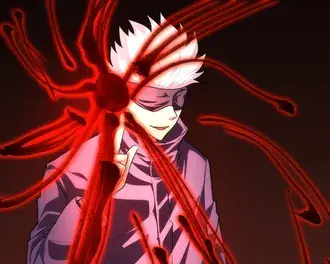 ผมสีบลอนด์สวมเสื้อ Jujutsu Kaisen ท่ามกลางสัญลักษณ์สีแดง 2K วอลเปเปอร์