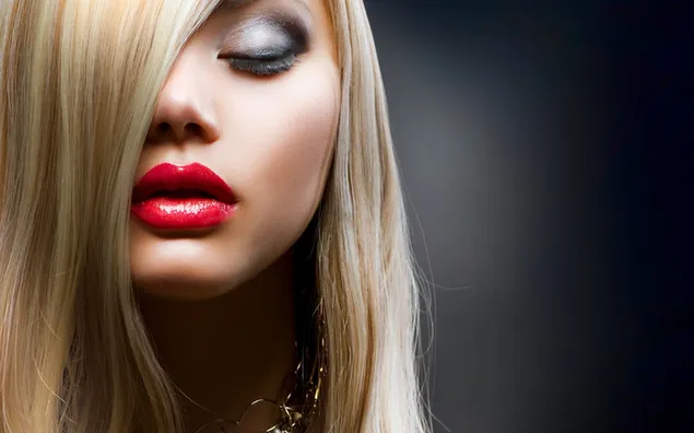 Blonde woman different hair style with red lipstick taking clear photo in front of black background