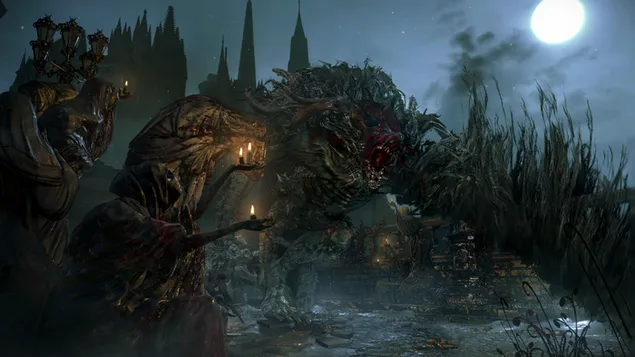 Bloodborne - Natt med ett demonmonster 4K bakgrund