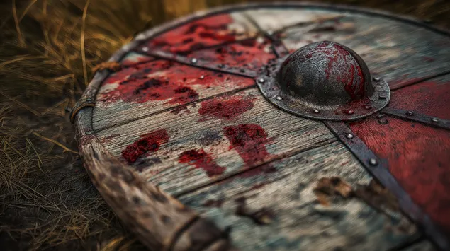 okrovavlennyy shchit vikinga so skolami dereva i grubymi detalyami skachat'