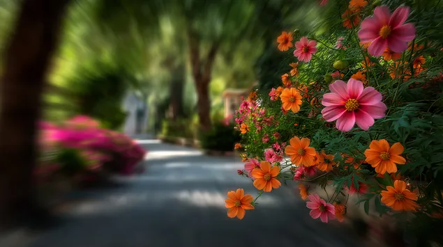 Bloeiend pad omzoomd met weelderige flora en zachte focus 2K achtergrond