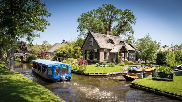 Blauwe en grijze boot, architectuur, huis, nederland 2K achtergrond