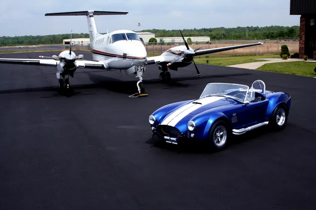 Shelby Cobra descapotable azul y blanco 2K fondo de pantalla