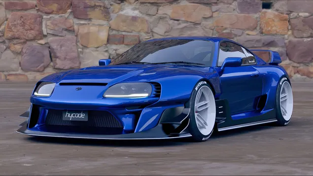 Blaue Farbe modifiziert Toyota Supra Vorder- und Seitenansicht 4K Hintergrundbild