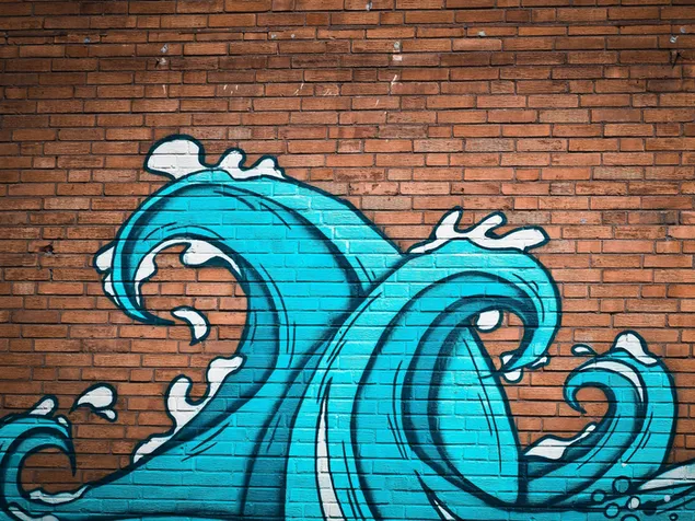 Blaue Farbwellen-Graffitiillustration gezeichnet auf rote Backsteinmauer herunterladen