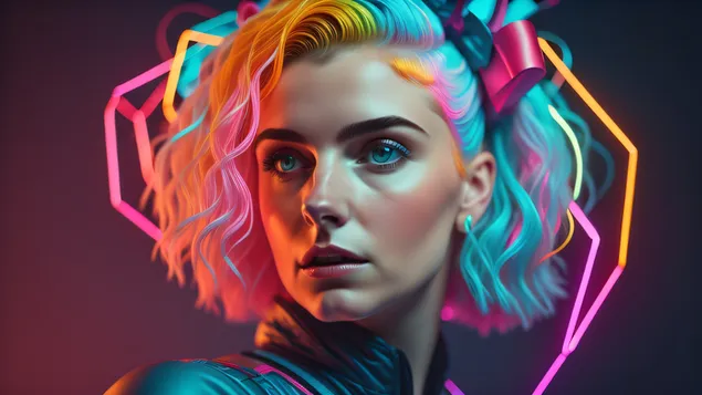 zilas acs futuristiska neona meitene ar krasainiem matiem un tuvu fona geometriskam gaismam lejupieladet