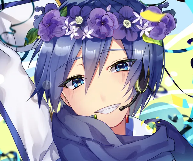 ילדת אנימה כחולת עיניים בשמלה כחולה-לבנה מקושטת שיער בפרחים 2K טפט