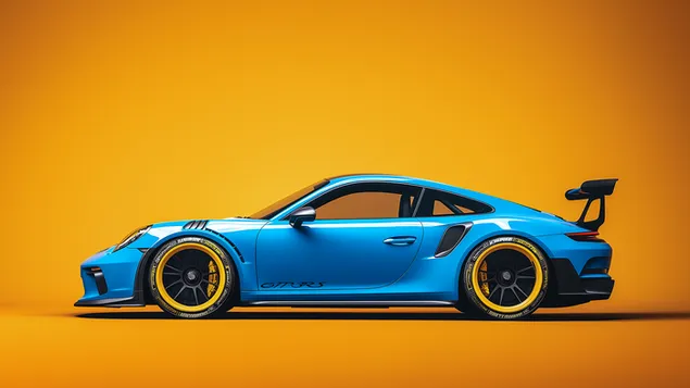 blå fantastisk bil med svarta och gula hjul 2K bakgrund