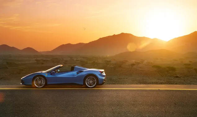 פרארי כחולה ושקיעה יפה 4K טפט