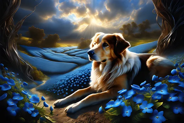 blou blomme en oulike hond aflaai