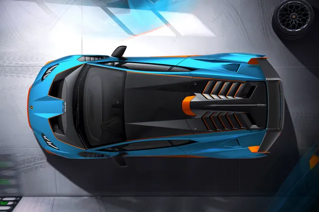 Blue Lamborghini top view 8K wallpaper