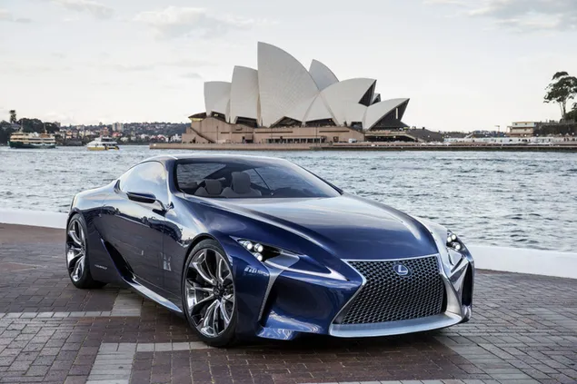 Blue Lexus by the ocean with a view of the opera house HD wallpaper