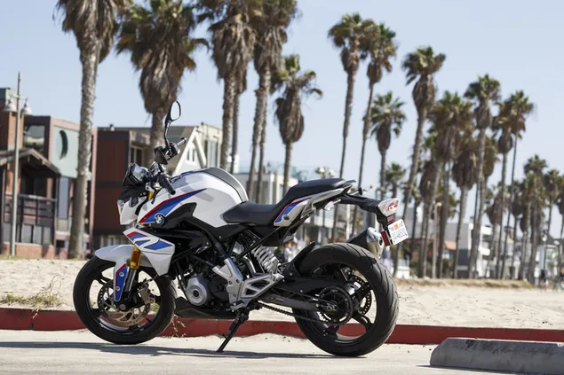 Motocicleta BMW g310r en colores azul, blanco y negro estacionada cerca de palmeras en la arena de la playa descargar