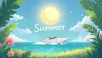 boat cruising on ocean with summer sun and tropical plants download