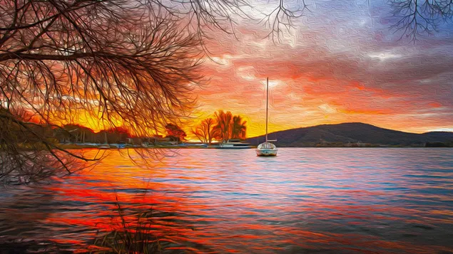 Páipéar balla Bád ar an loch - ola i chanbhás4K