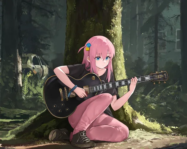 ギターを弾くピンクの髪の青い目のアニメの女の子ぼっちザ ロック