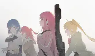 Bocchi the Rock 기타와 함께 분홍색 머리를 가진 애니메이션 소녀 4K 배경화면