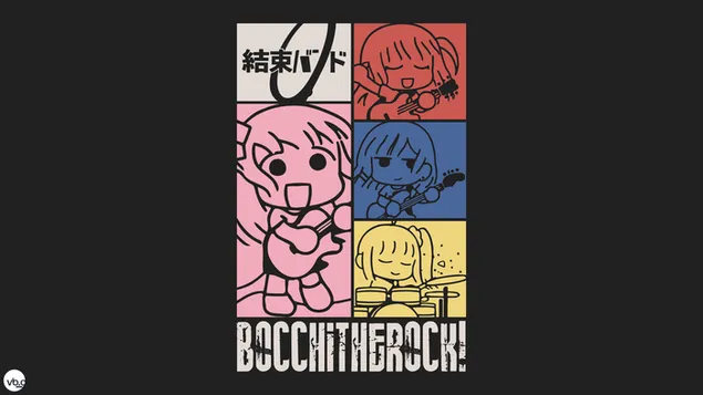 Bocchi the rock アニメの女の子は、黒いポスターにカラフルで楽しく見えます