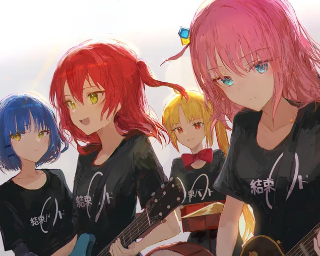 赤、青、黄、ピンクの髪のロックアニメの女の子ぼっち
