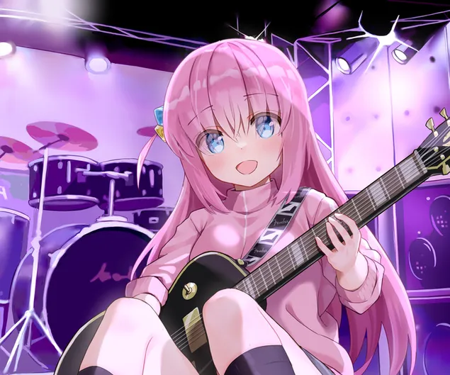 Bocchi The Rock アニメ シリーズのピンクの髪の少女がギターを弾く