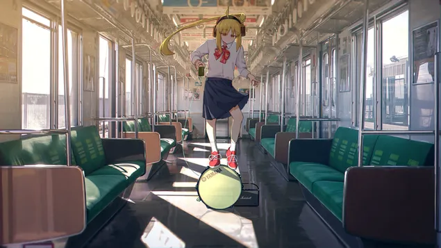 Bocchi de Rock Charakter Anime Meedchen op Trommel am Bus 4K Tapeten