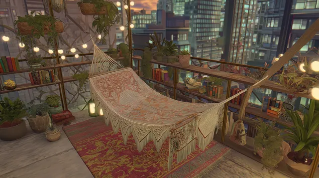 Tapeta Bohémská houpací síť na balkoně s městskou panoráma 2K