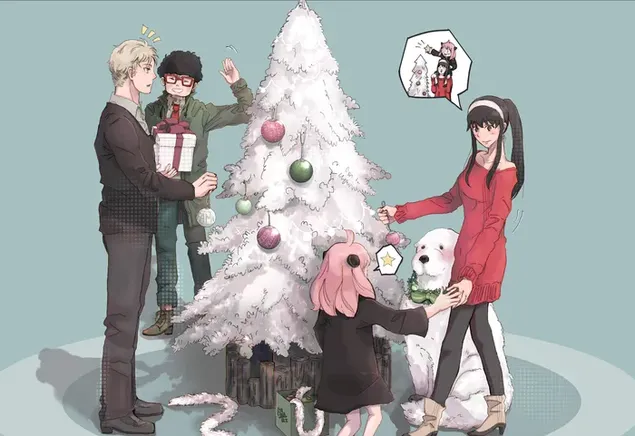 ボンドとフランキーで白いクリスマスツリーを飾る偽造家族