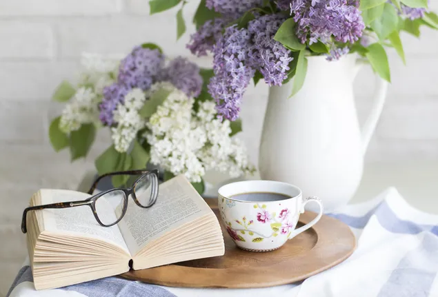 book coffee flowers