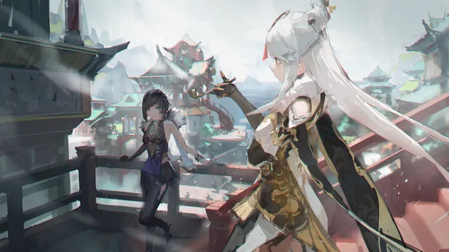 寺庙里的甜美动漫女孩夜阑和宁光 | 原神冲击 4K 壁纸