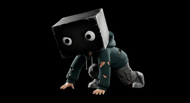 דמות קופסה מצביעה כלפי מעלה בנחישות בחושך כרקע לשולחן העבודה 4K טפט