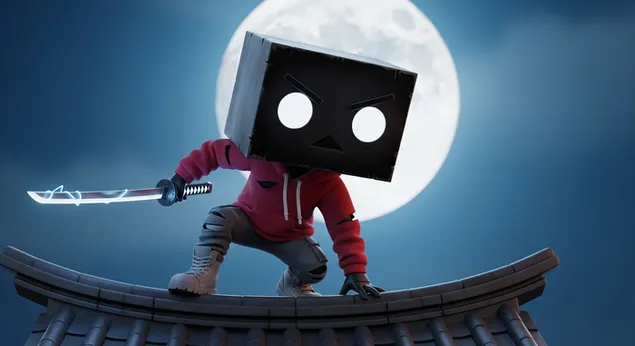 סמוראי ראש קופסה על גג עם קטאנה זוהרת בלילה כרקע לשולחן העבודה 4K טפט