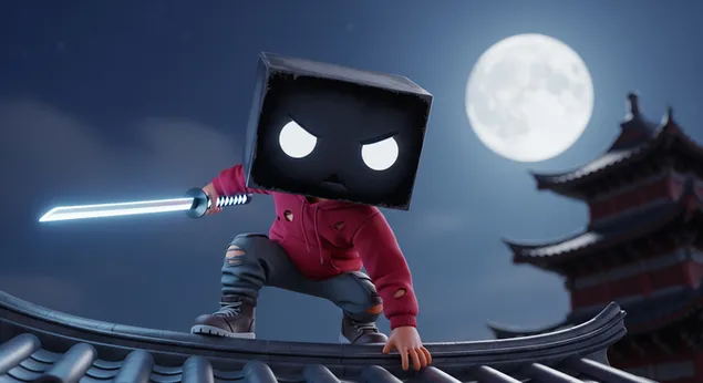 סמוראי ראש קופסה על גג עם קטאנה בלילה כרקע לשולחן העבודה 4K טפט