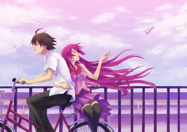 Jongen en meisje met roze lang haar fietsen in de buurt van bewolkt weer bewakers download